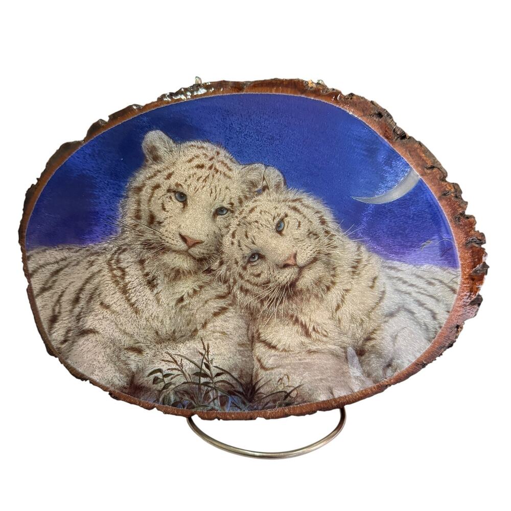 White Tigers Live Edge Wood Slices Shimmery Wildlife Safari Decor 8.5" x 6"